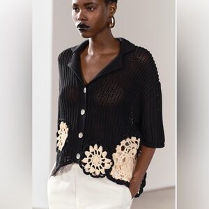 Zara Black Crochet knit top with Cream Accents